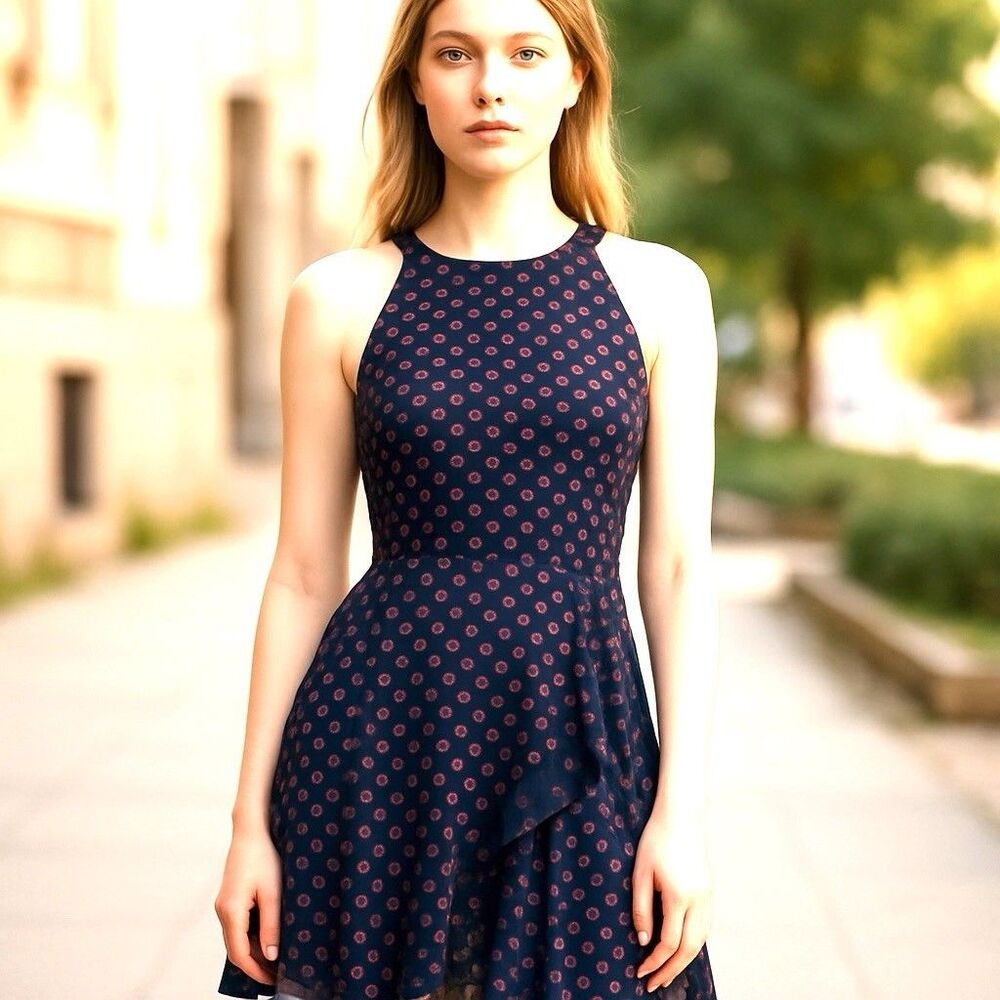 Anthropologie Eva Franco Ruffled Clipdot Dress Fit & Flare Navy/Red Size 4 Cute!